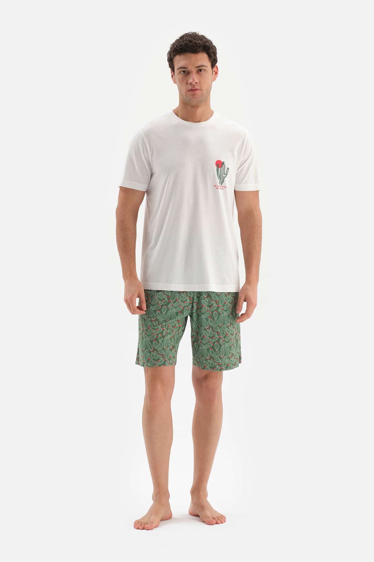 Ekru Bisiklet Yaka Baskılı Altı Şortlu Pijama Takımı