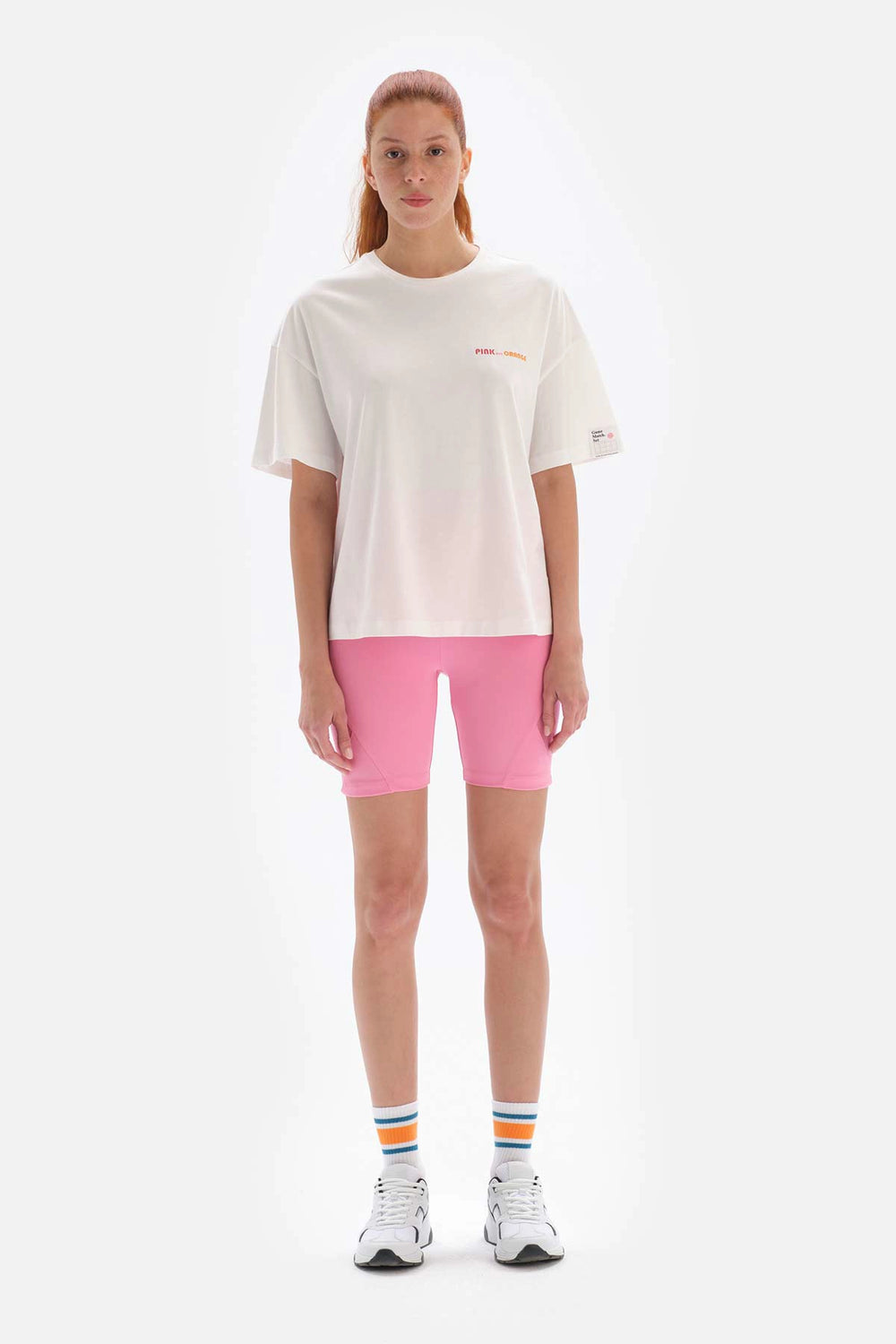Beyaz-Pembe Dagi Active - Kadın Kort Baskılı Tişört
