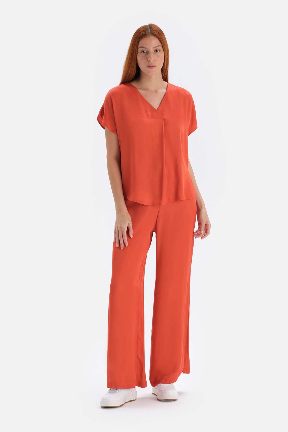 Kiremit Saten Yüzeyli Plikaşeli Bluz