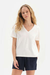 Beyaz V Yaka Viskon T-Shirt