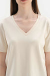 Ekru V Yaka Interlok Pamuklu Kısa Kollu Tişört