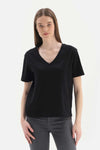 Siyah V Yaka Interlok Pamuklu Kısa Kollu Tişört