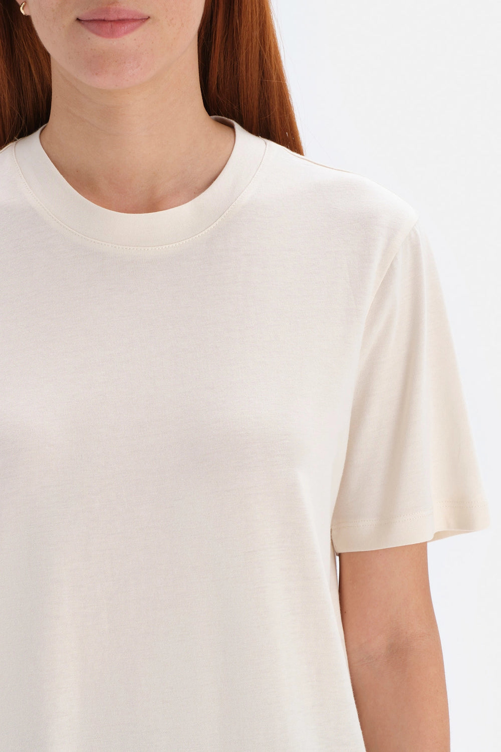 Ekru Bisiklet Yaka Kısa Kol Interlok Pamuklu T-Shirt