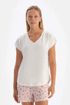 Beyaz V Yaka Düşük Kol Cupro Tişört
