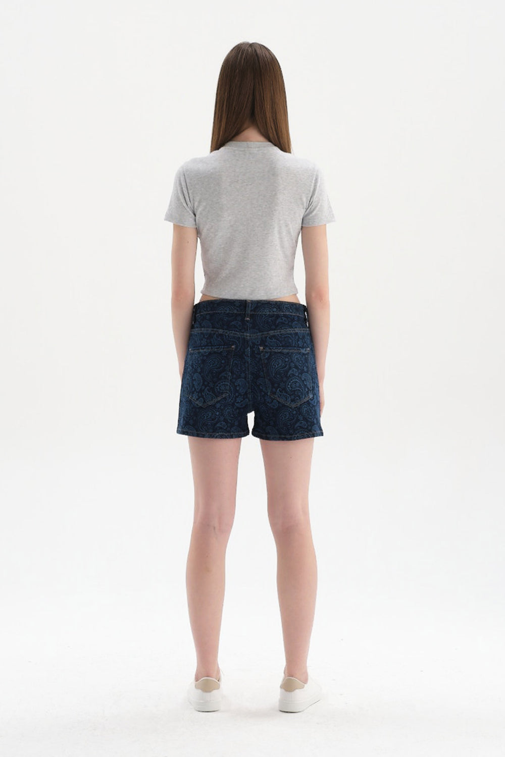 Gri Melanj Bisiklet Yaka Kısa Kol Crop T-Shirt