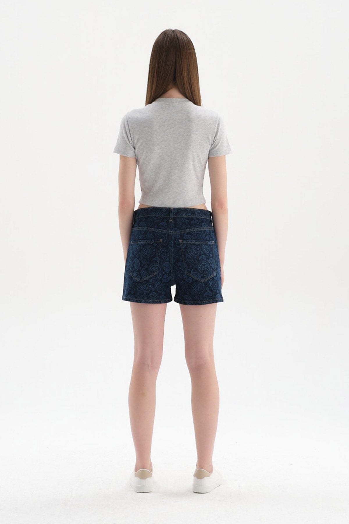 Gri Melanj Bisiklet Yaka Kısa Kol Crop T-Shirt