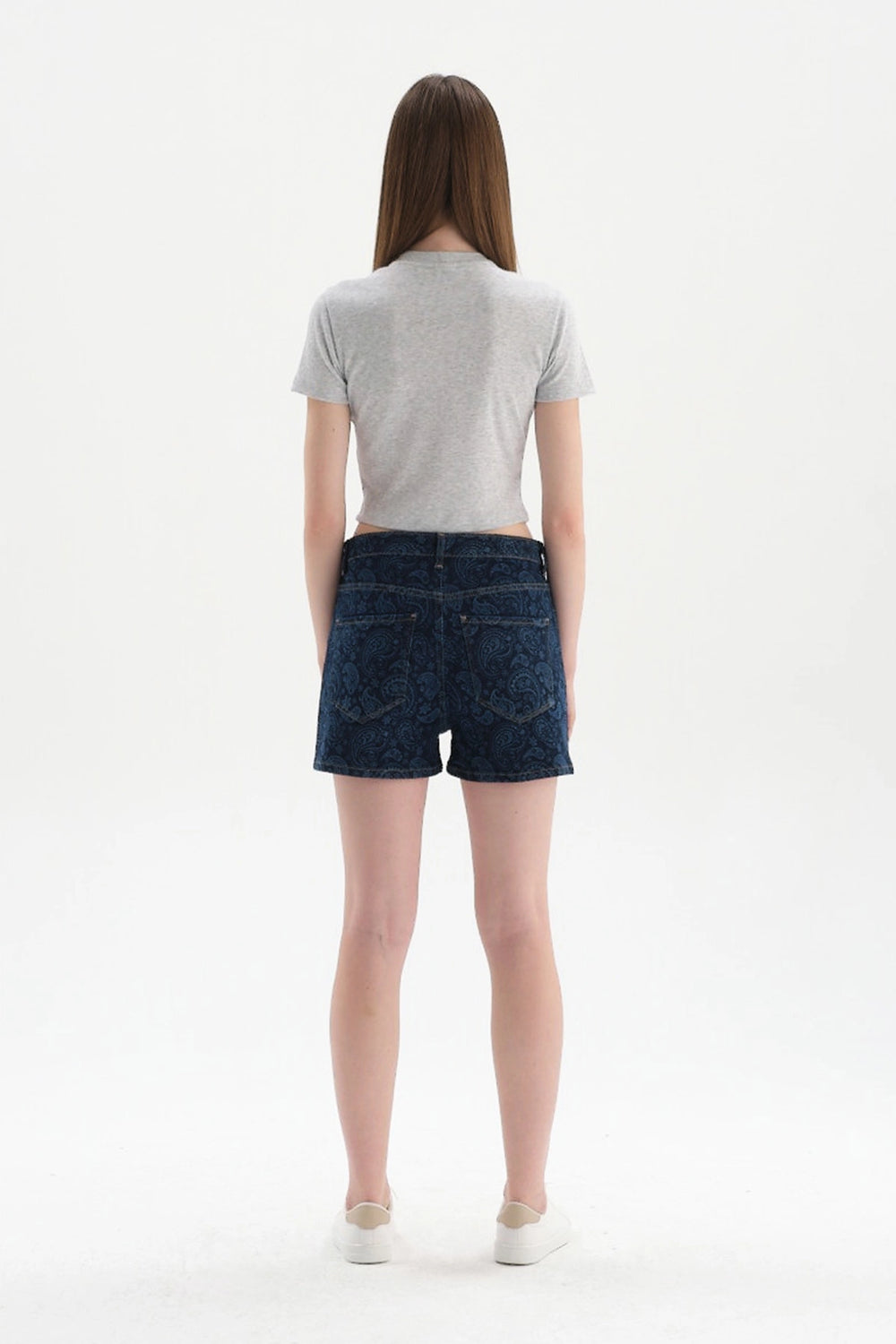 Gri Melanj Bisiklet Yaka Kısa Kol Crop T-Shirt