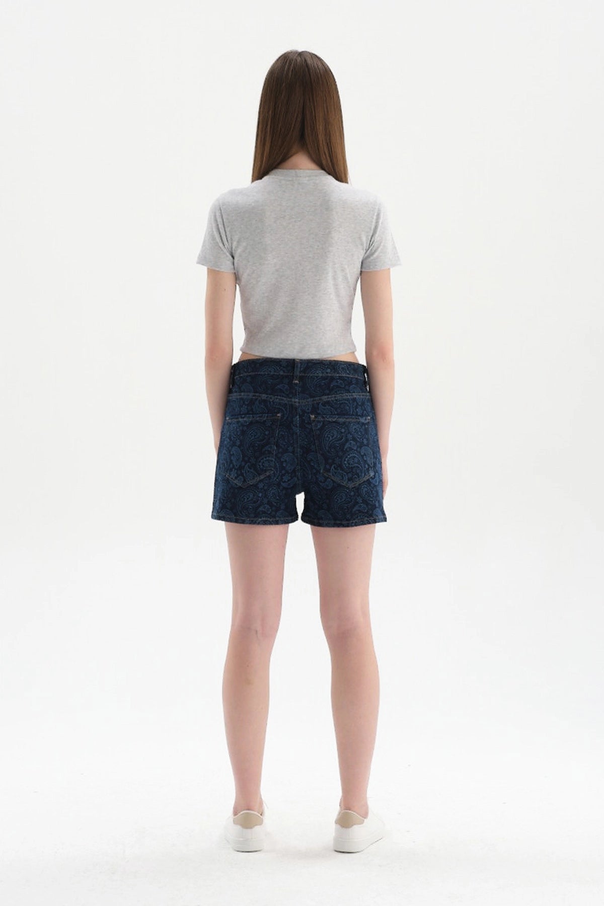 Gri Melanj Bisiklet Yaka Kısa Kol Crop T-Shirt