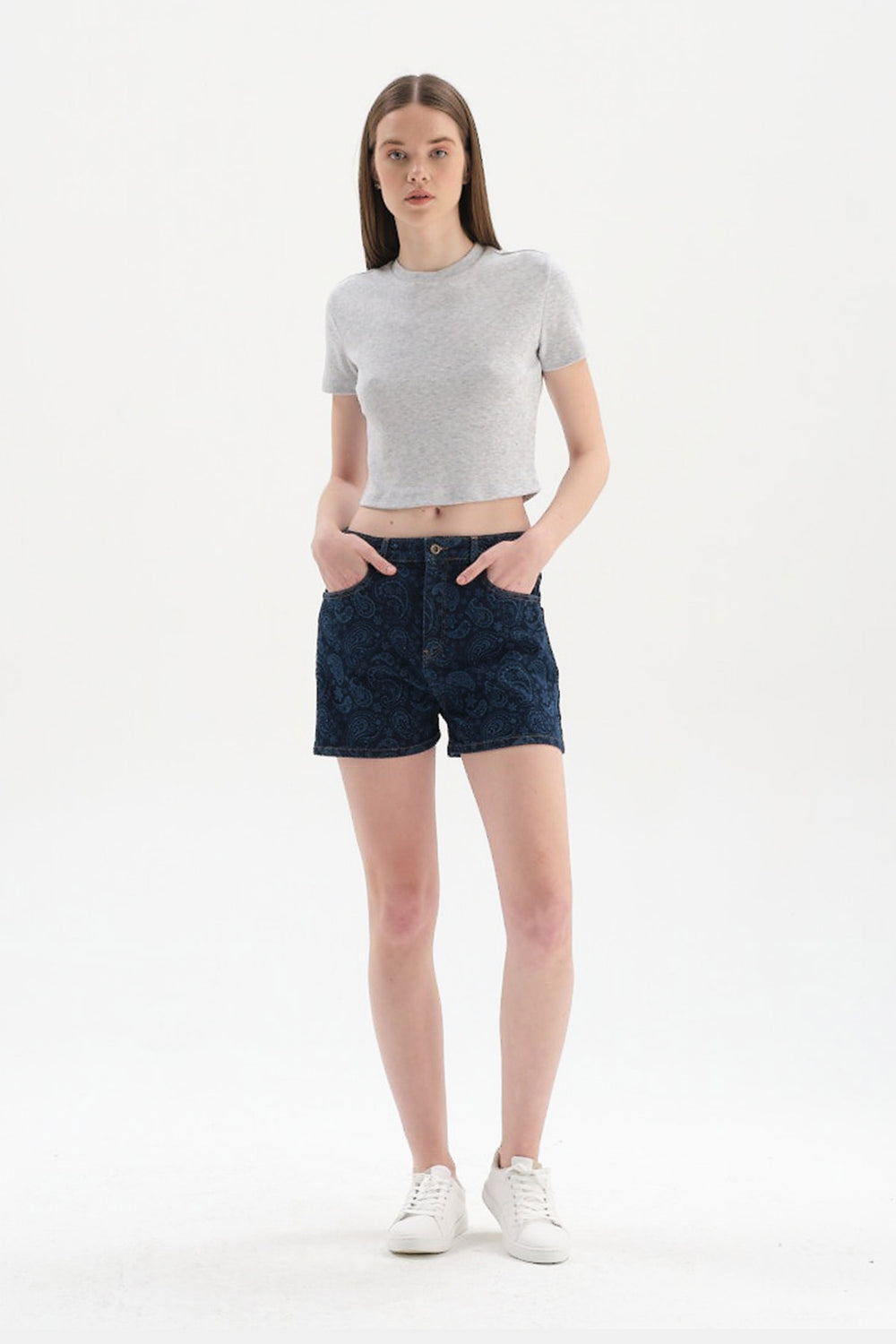 Gri Melanj Bisiklet Yaka Kısa Kol Crop T-Shirt