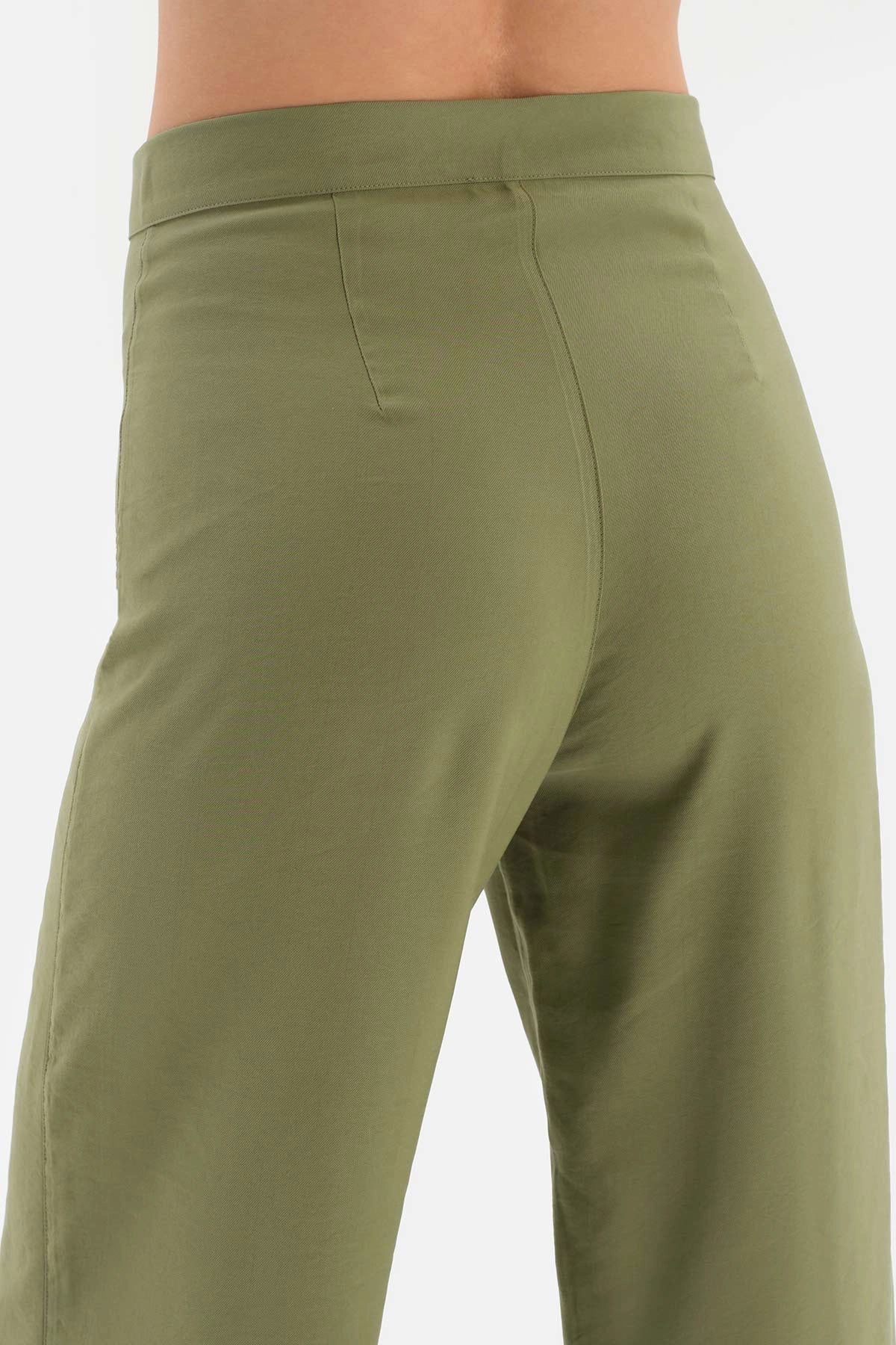 Haki Yüksek Bel Boru Paça Dokuma Pantolon