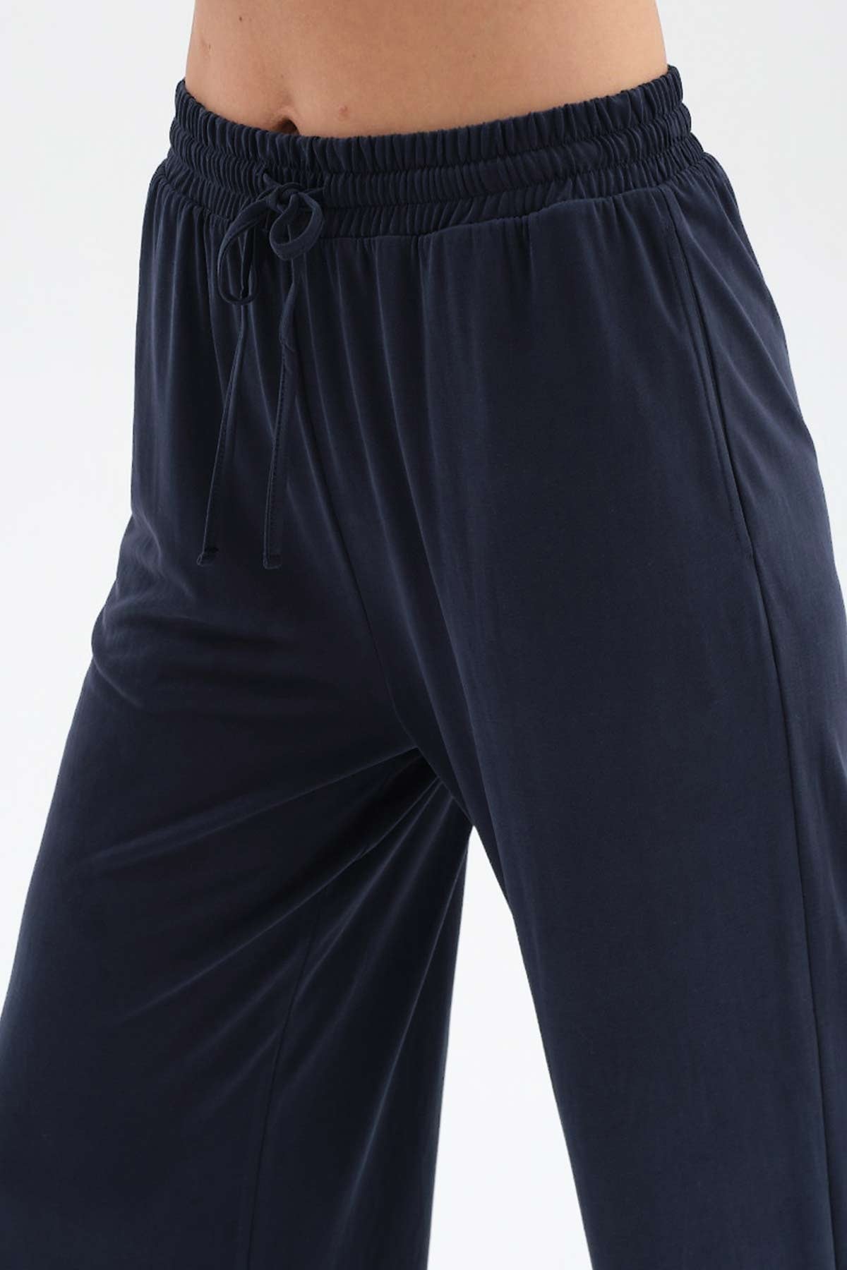 Lacivert Beli Lastikli Geniş Paça Cupro Pantolon