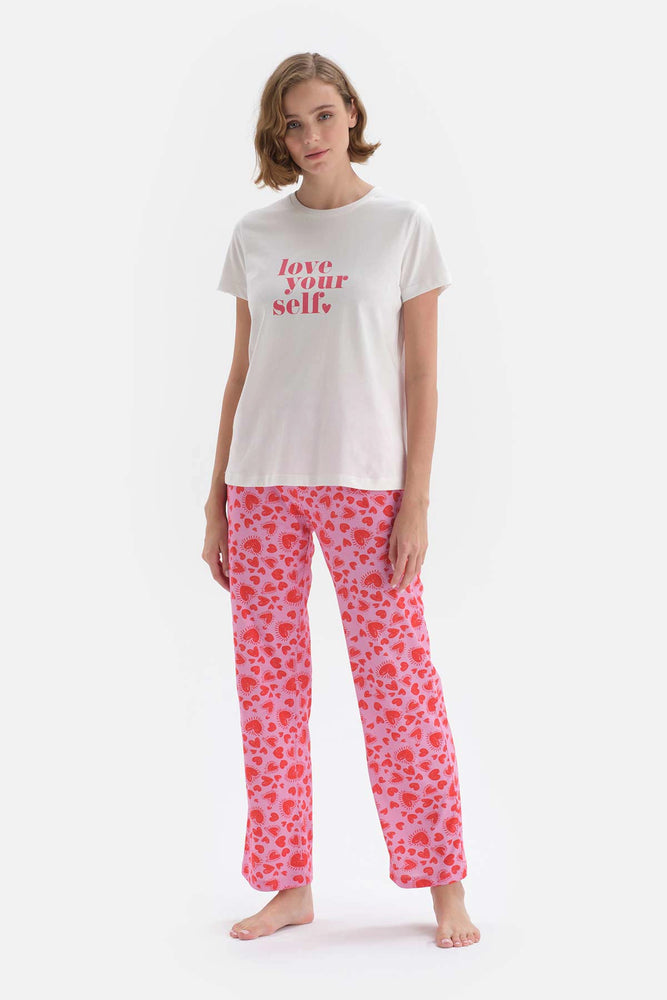 Beyaz Baskılı Kısa Kol Pamuklu Pijama Takımı