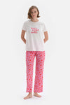 Beyaz Baskılı Kısa Kol Pamuklu Pijama Takımı