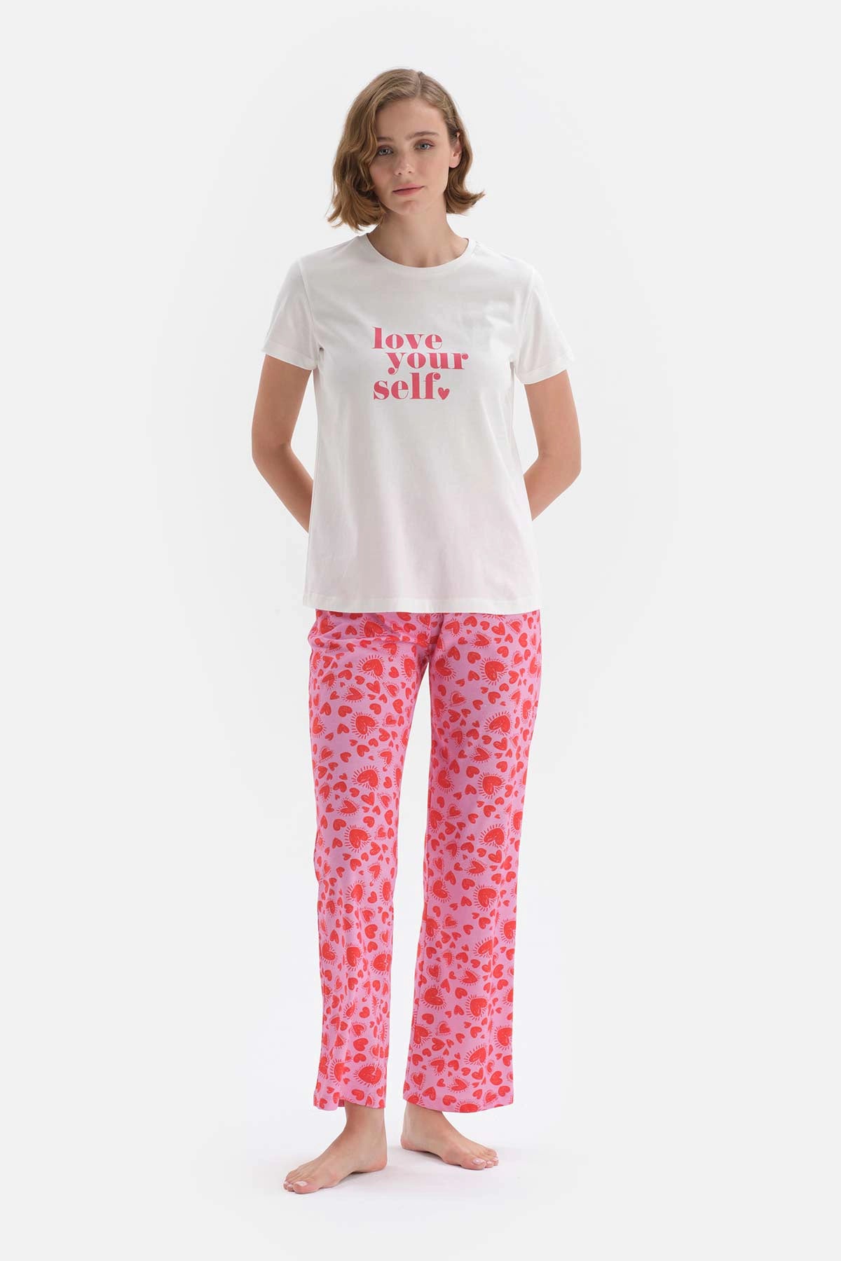 Beyaz Baskılı Kısa Kol Pamuklu Pijama Takımı