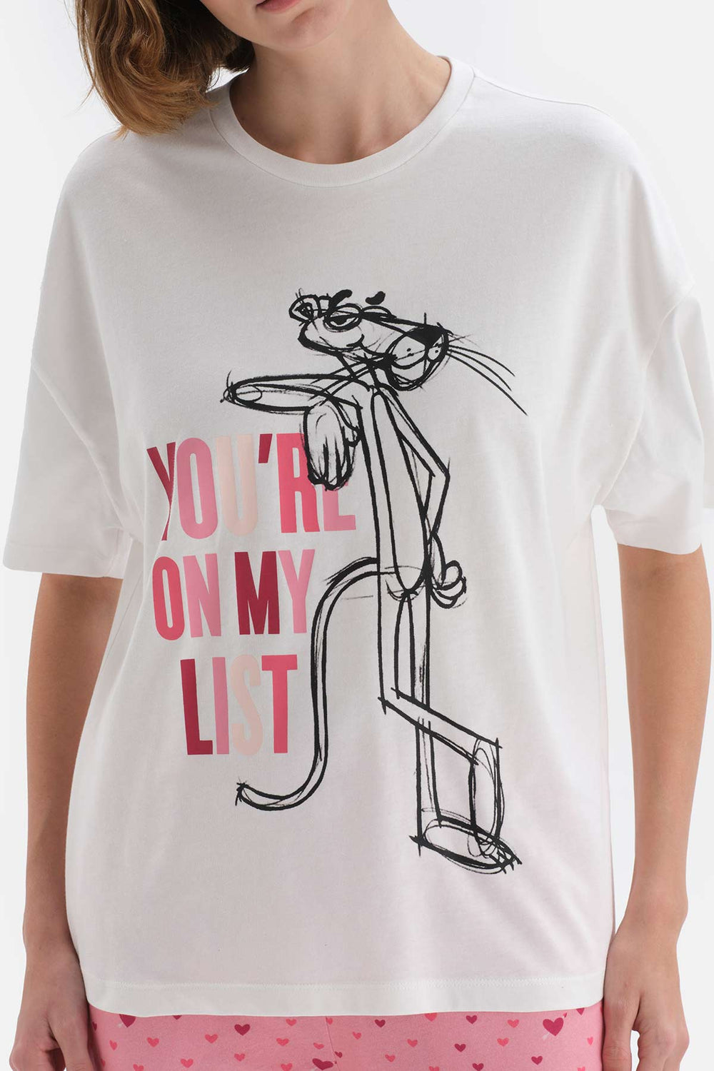 Beyaz Kısa Kol Panter Lisanslı Pamuklu Pijama Takımı