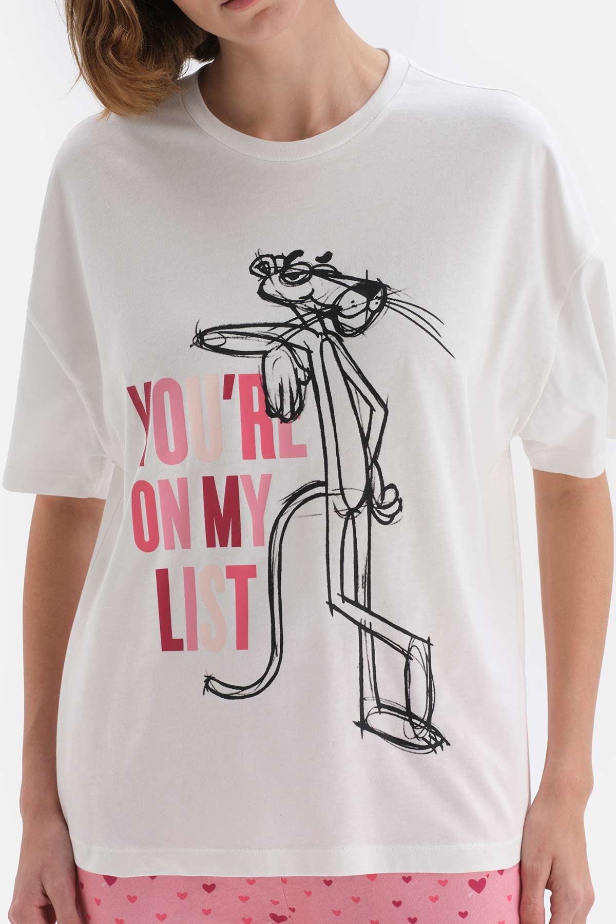 Beyaz Kısa Kol Panter Lisanslı Pamuklu Pijama Takımı