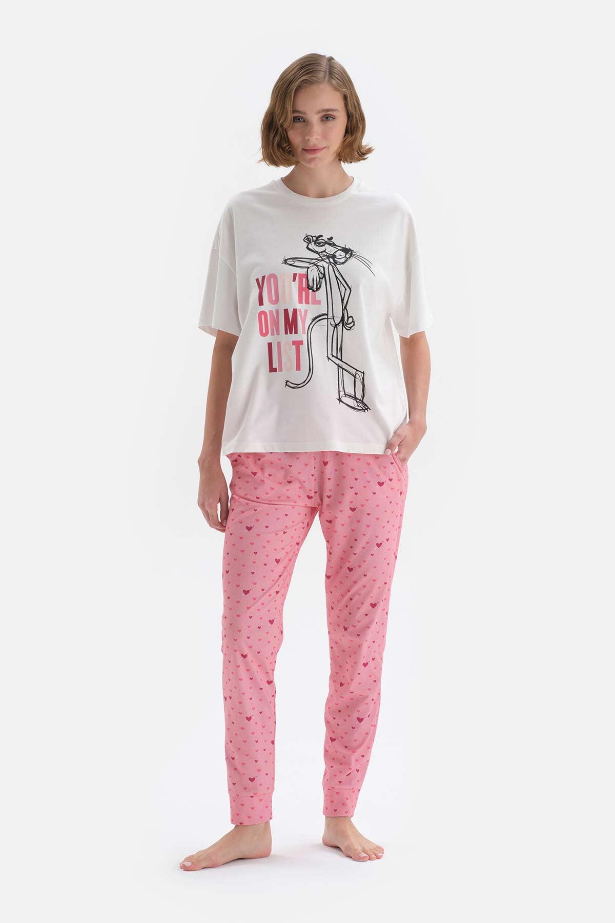 Beyaz Kısa Kol Panter Lisanslı Pamuklu Pijama Takımı