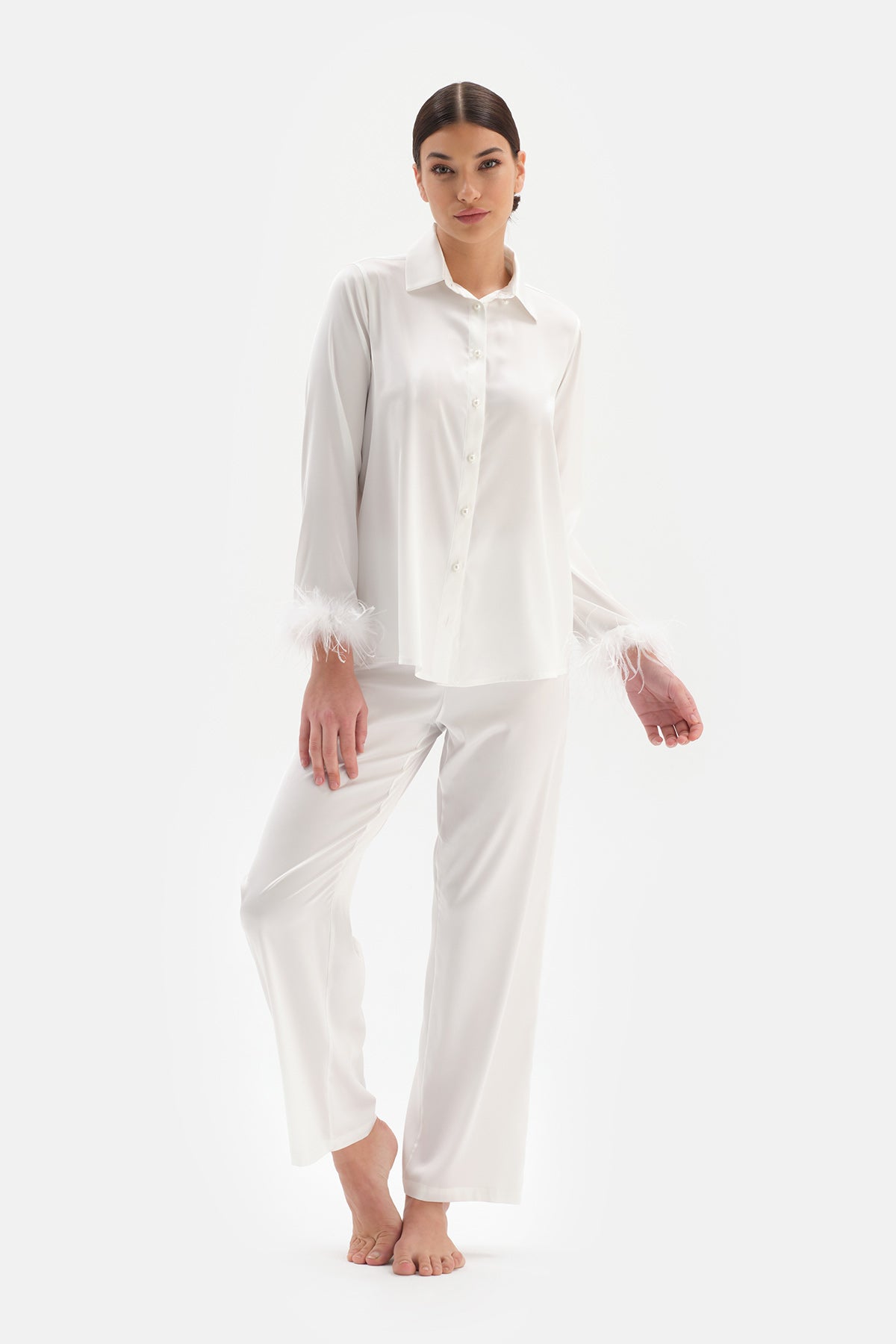 Beyaz Otrişli Bride Saten Pijama Takımı