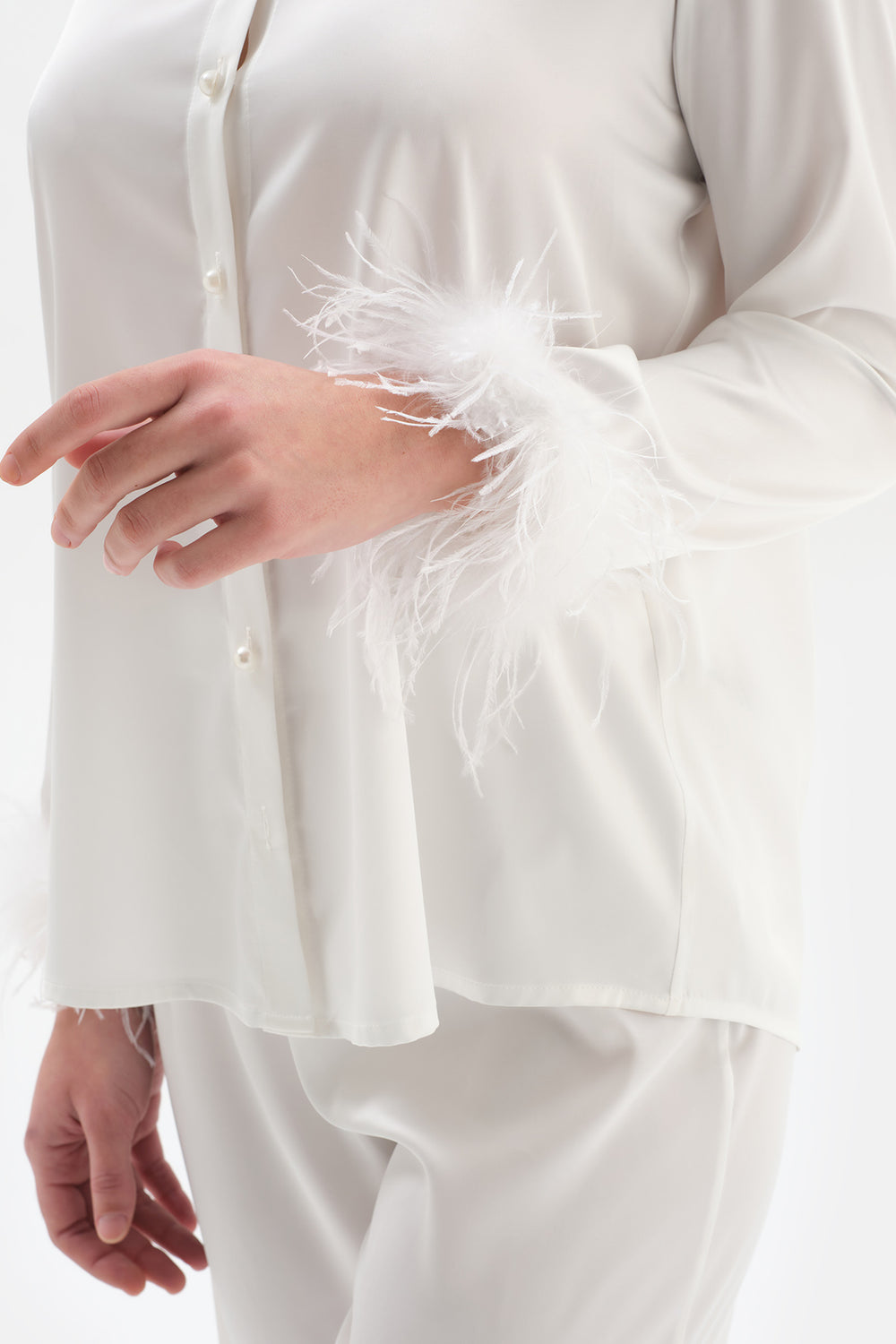 Beyaz Otrişli Bride Saten Pijama Takımı