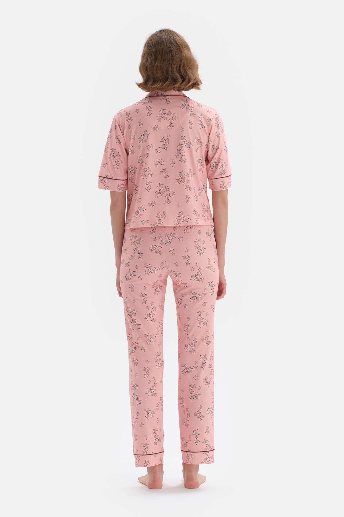 Açık Somon Yıldız Desenli Kısa Kol Pamuklu Pijama Takımı