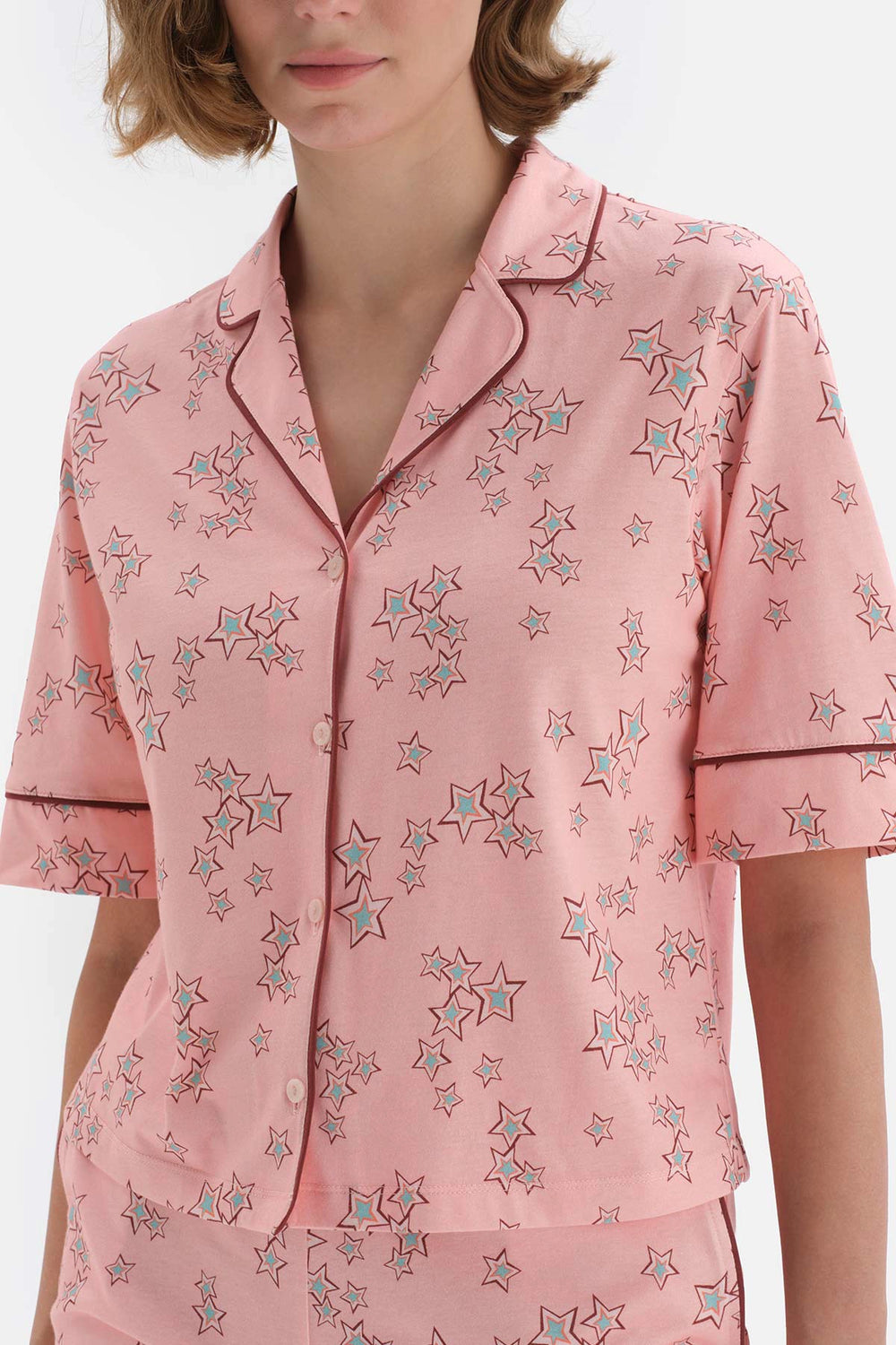 Açık Somon Yıldız Desenli Kısa Kol Pamuklu Pijama Takımı