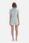 Turkuaz Çizgili Patchwork Kısa Kol Pamuklu Şortlu Pijama Takımı