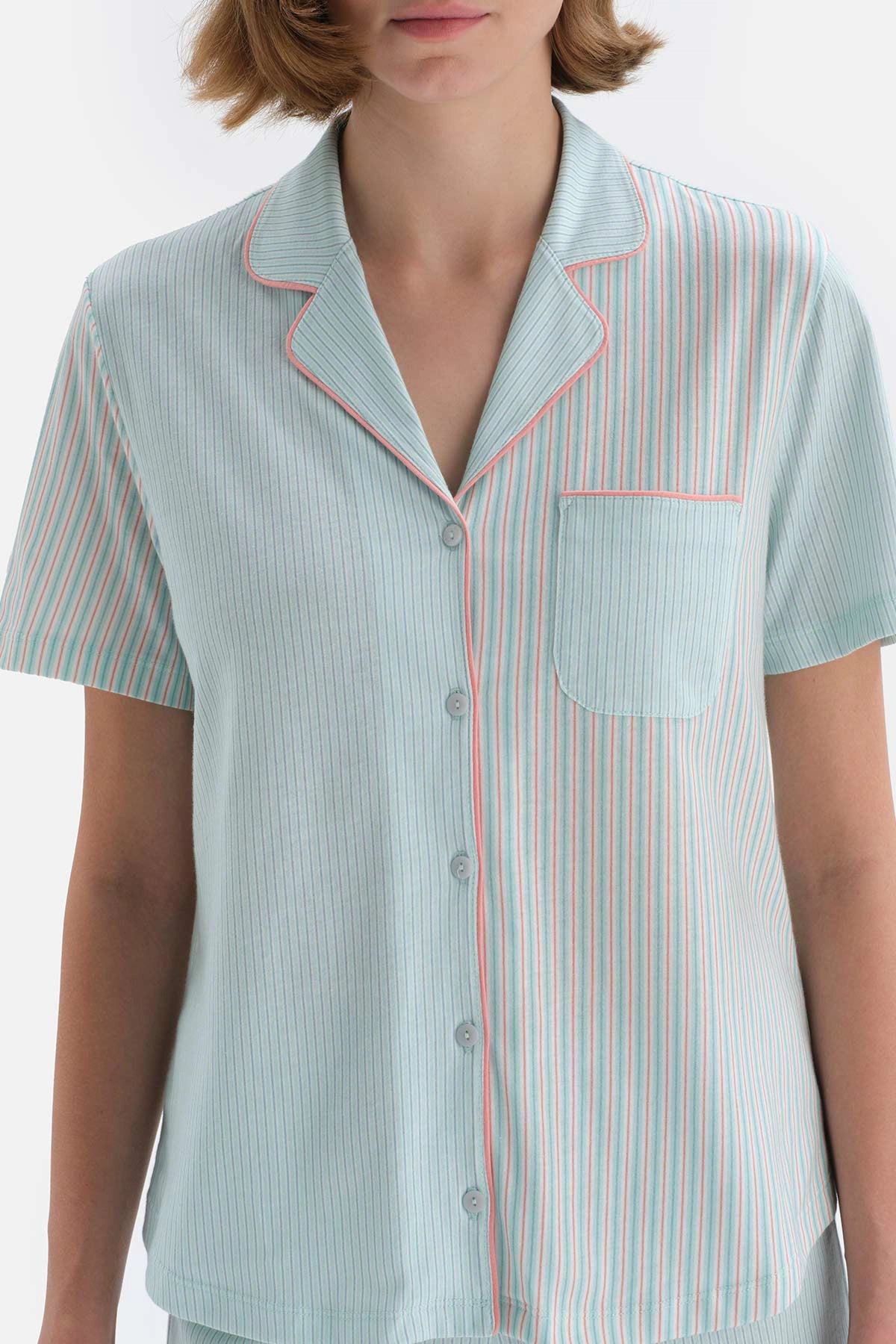 Turkuaz Çizgili Patchwork Kısa Kol Pamuklu Şortlu Pijama Takımı
