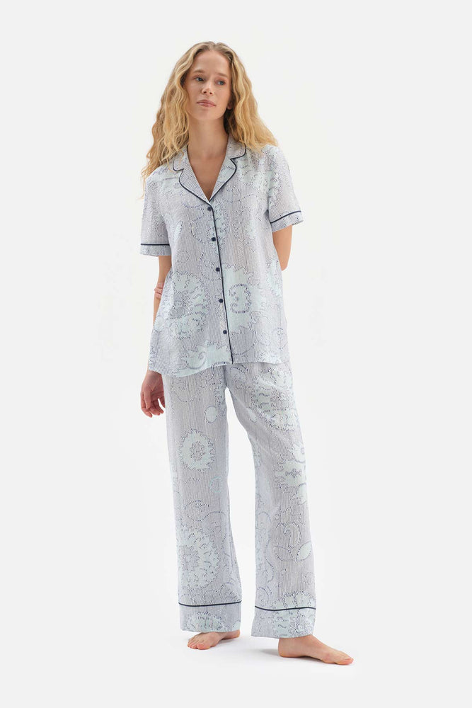 Mavi Çini Desenli Gömlek Yaka Viskon Pijama Takımı