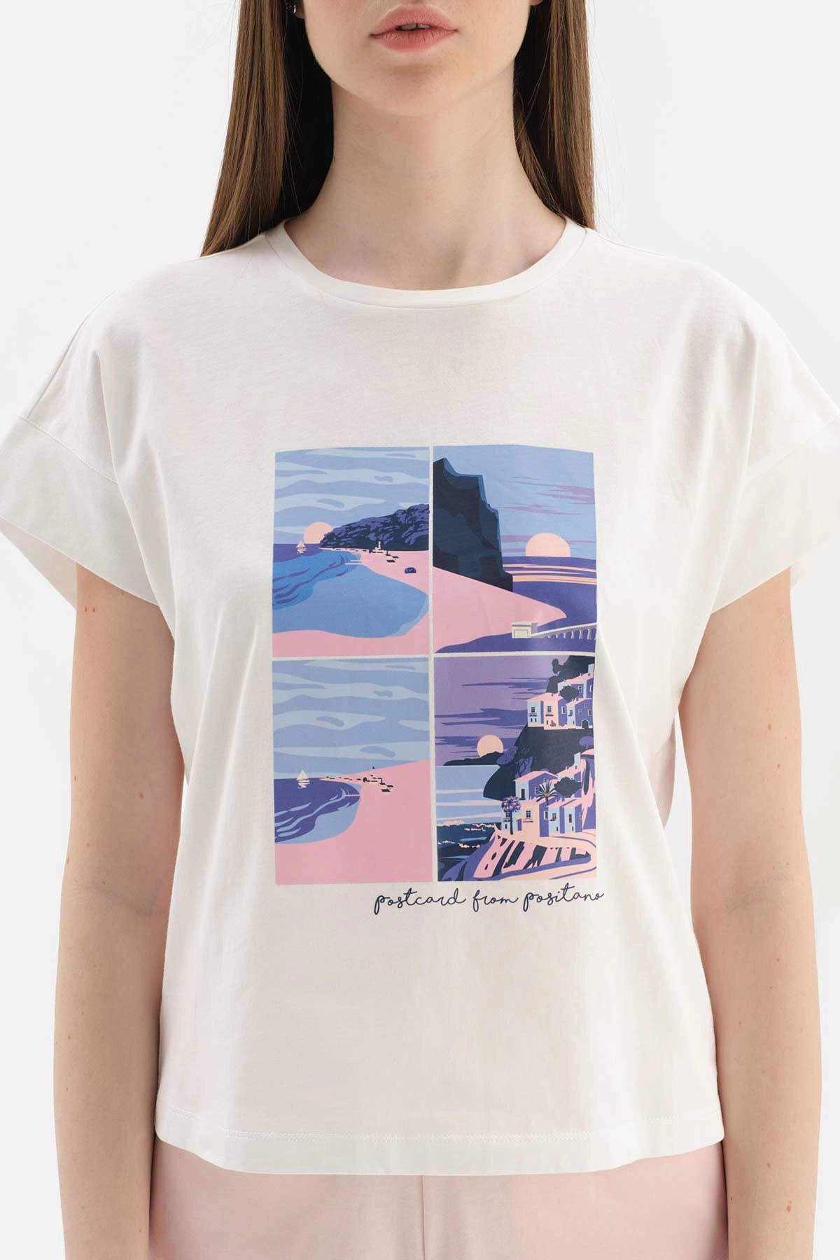 Beyaz Bisiklet Yaka Baskılı Pamuklu Şortlu Pijama Takımı