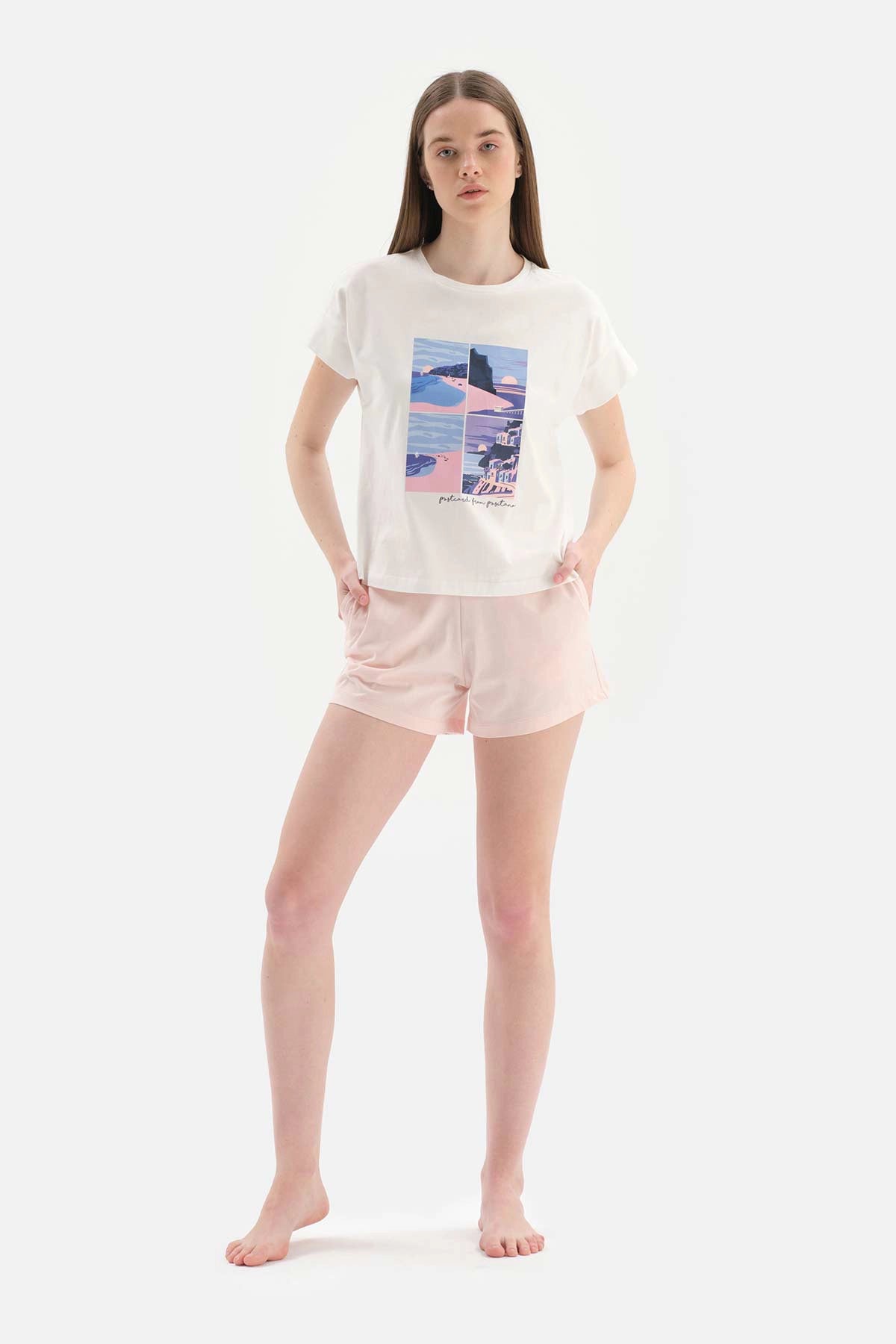 Beyaz Bisiklet Yaka Baskılı Pamuklu Şortlu Pijama Takımı