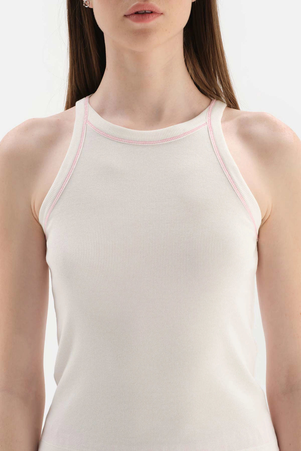 Beyaz Bisiklet Yaka Kolsuz Pamuklu Pijama Takımı