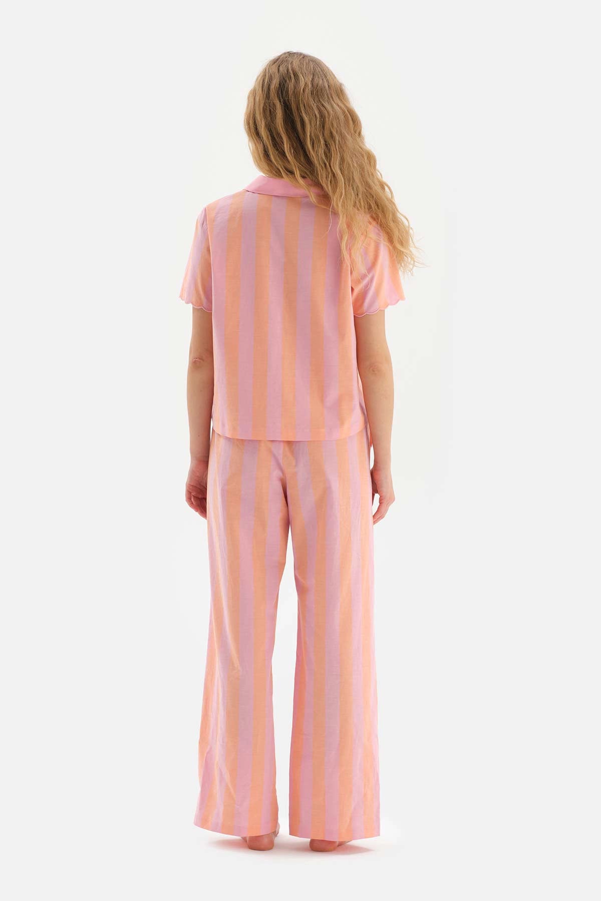 Turuncu Nakış Detaylı Gömlek Yaka Pamuklu Pijama Takımı