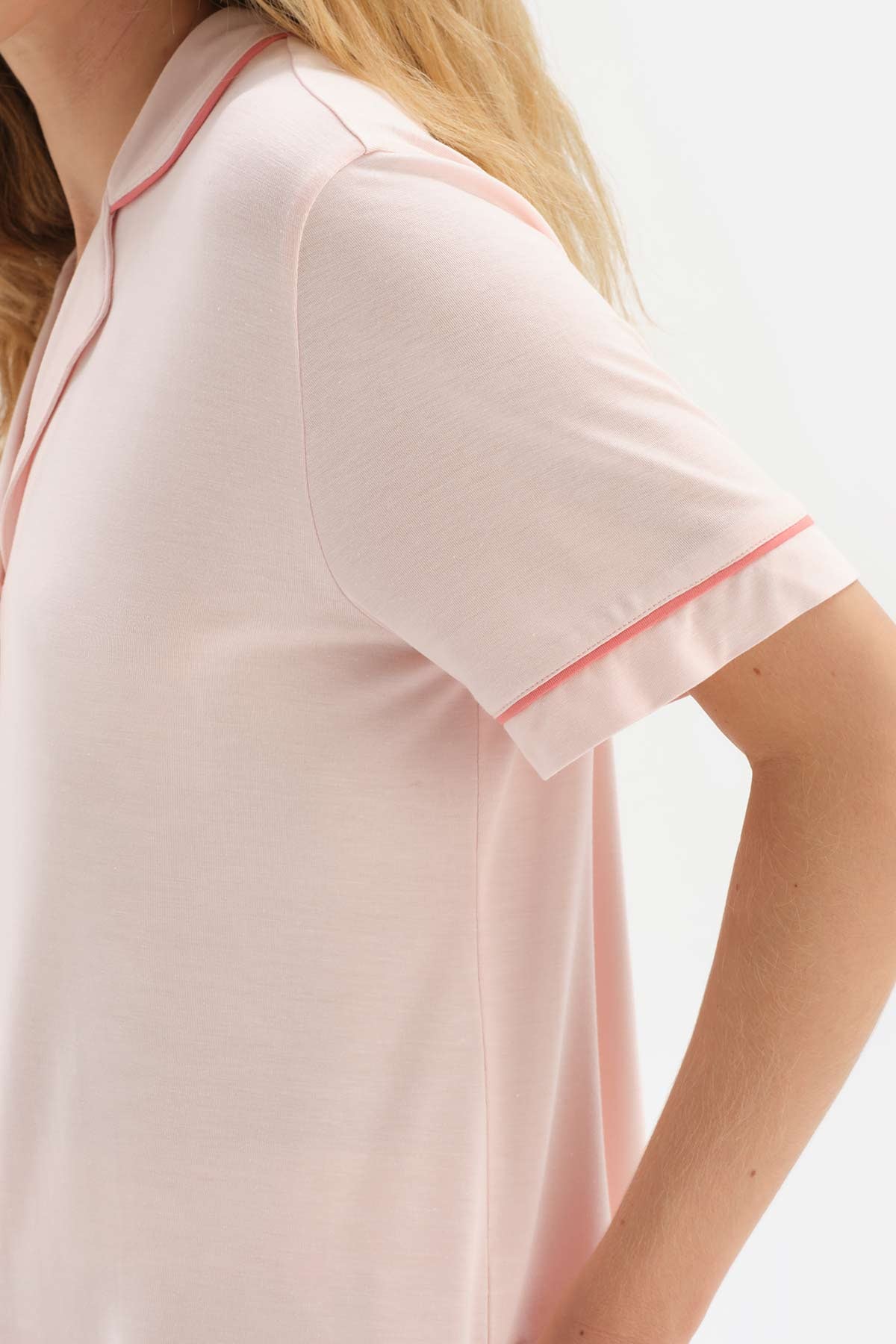 Açık Pembe Gömlek Yaka Biyeli Modal Şortlu Pijama Takımı