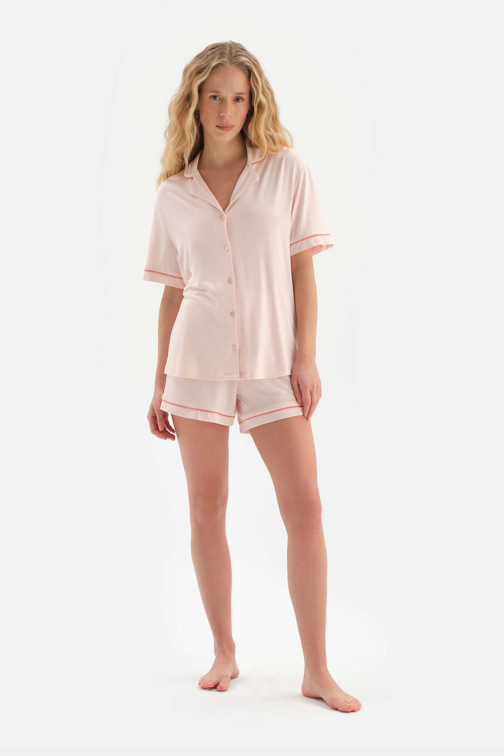 Açık Pembe Gömlek Yaka Biyeli Modal Şortlu Pijama Takımı