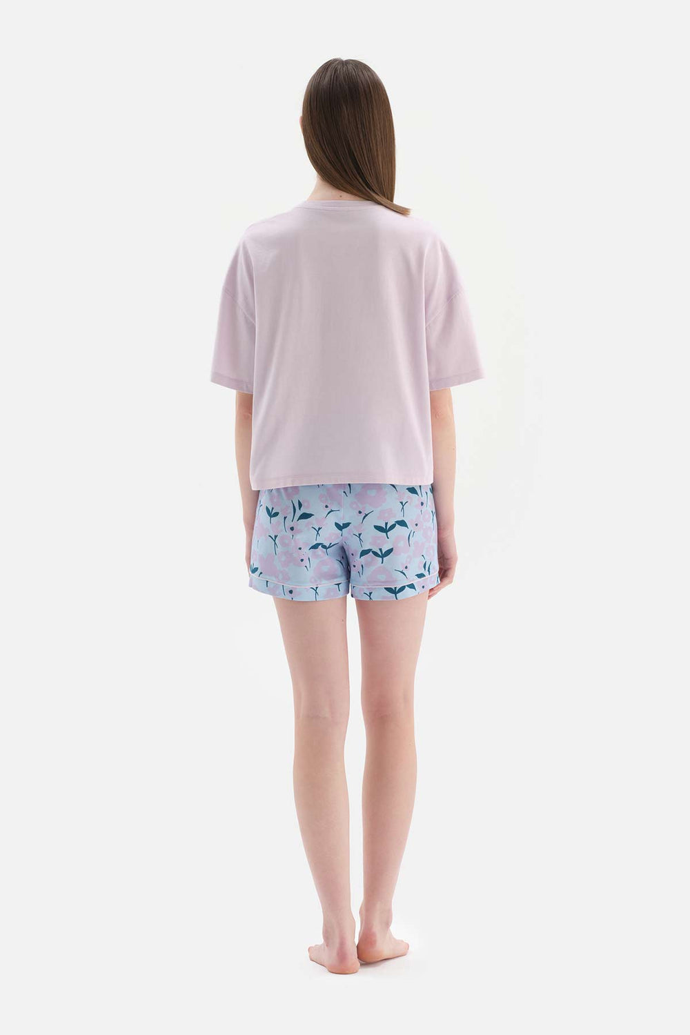 Açık Lila Baskılı Kısa Kol Pamuklu Şortlu Pijama Takımı