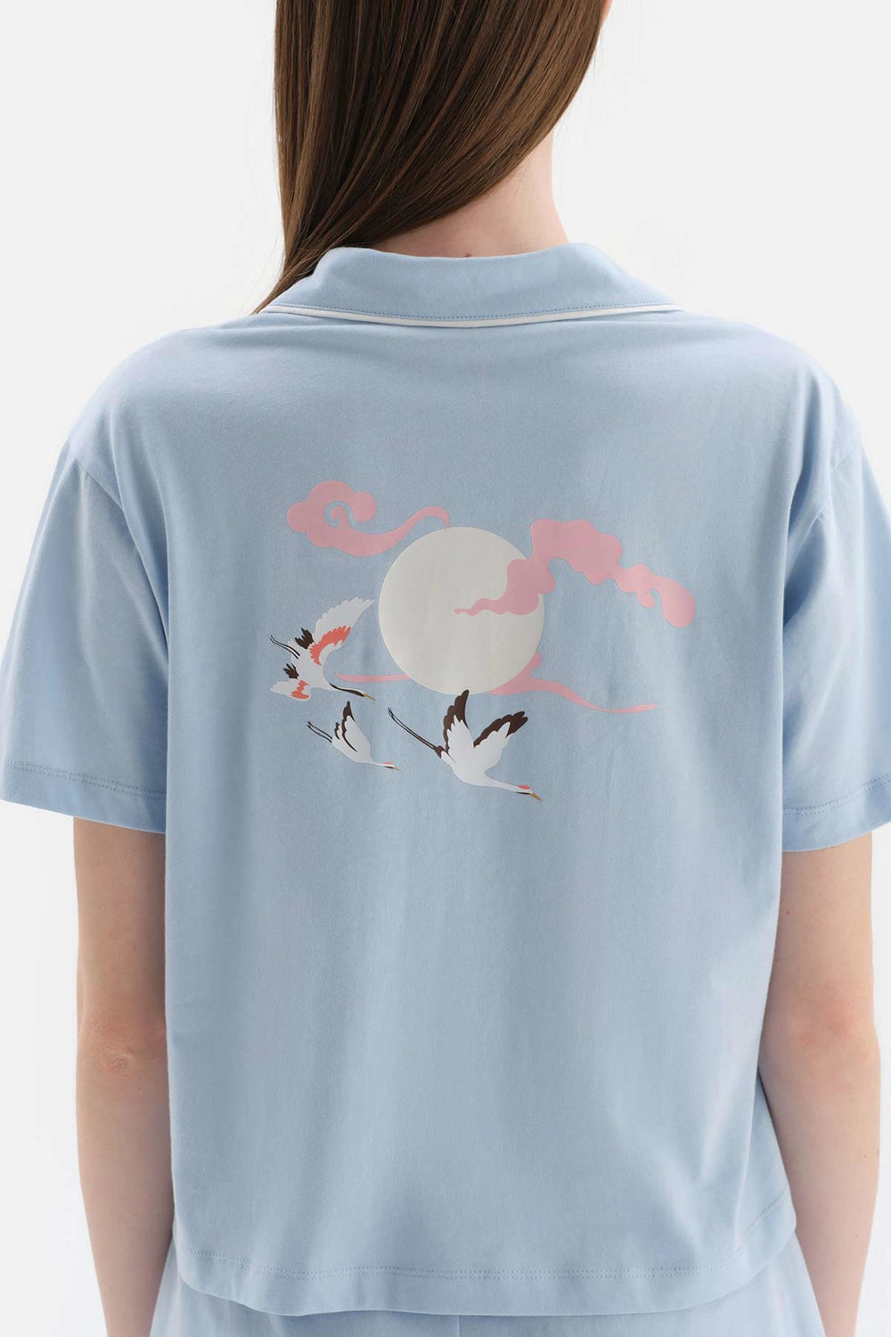 Açıkmavi Gömlek Yaka Baskı Detaylı Pamuklu Şortlu Pijama Takımı