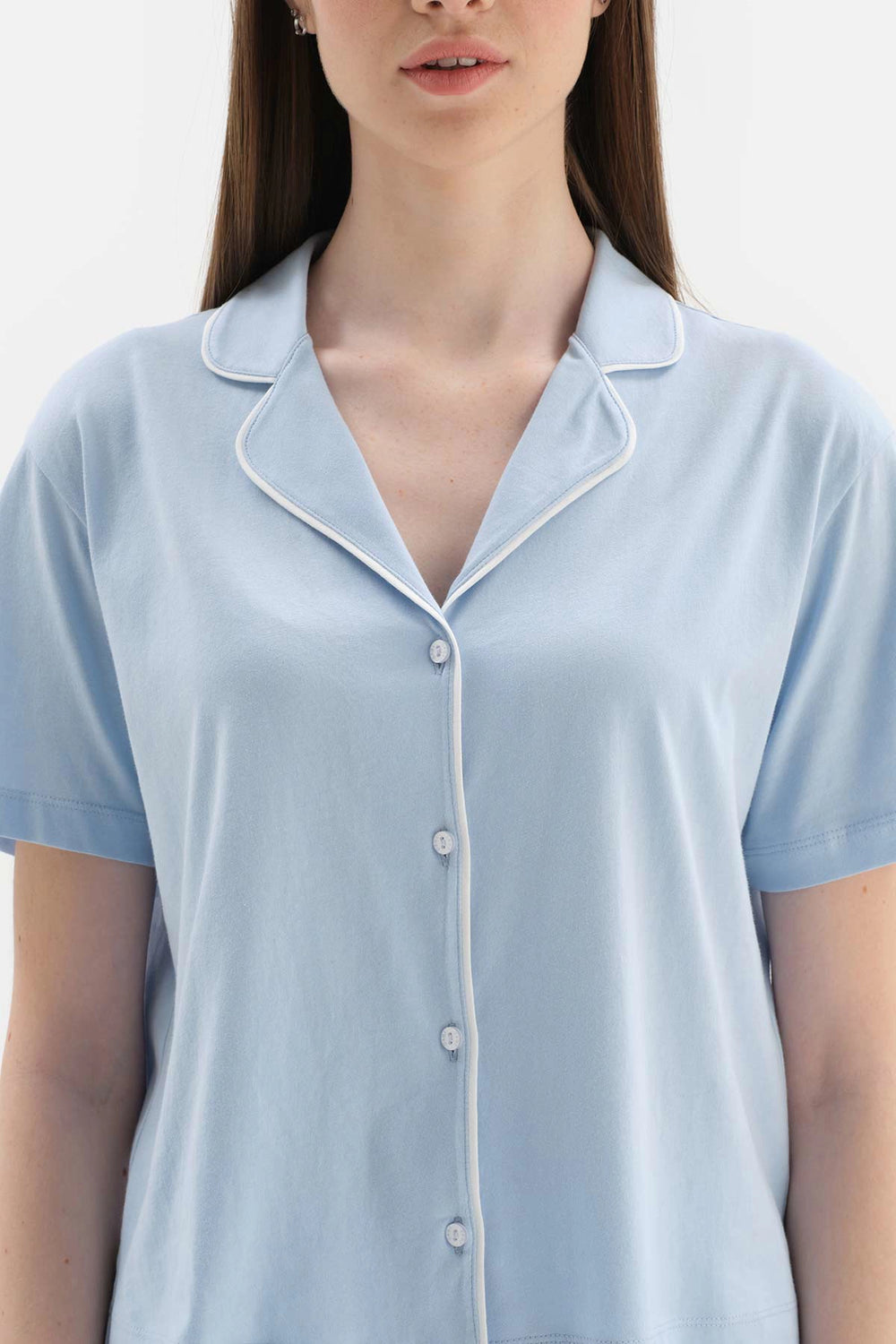 Açıkmavi Gömlek Yaka Baskı Detaylı Pamuklu Şortlu Pijama Takımı