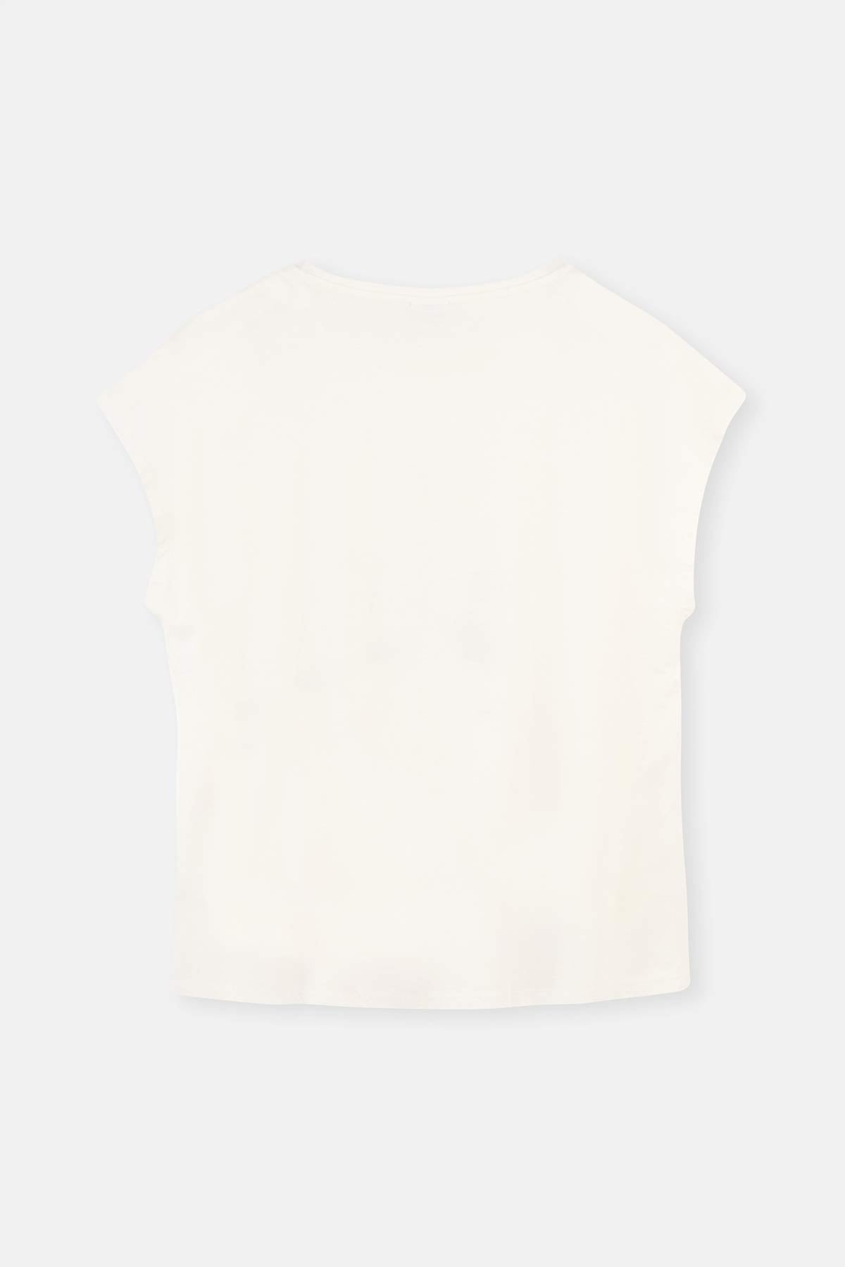 Beyaz Kayık Yaka Baskı Detaylı Örme Pijama Takımı