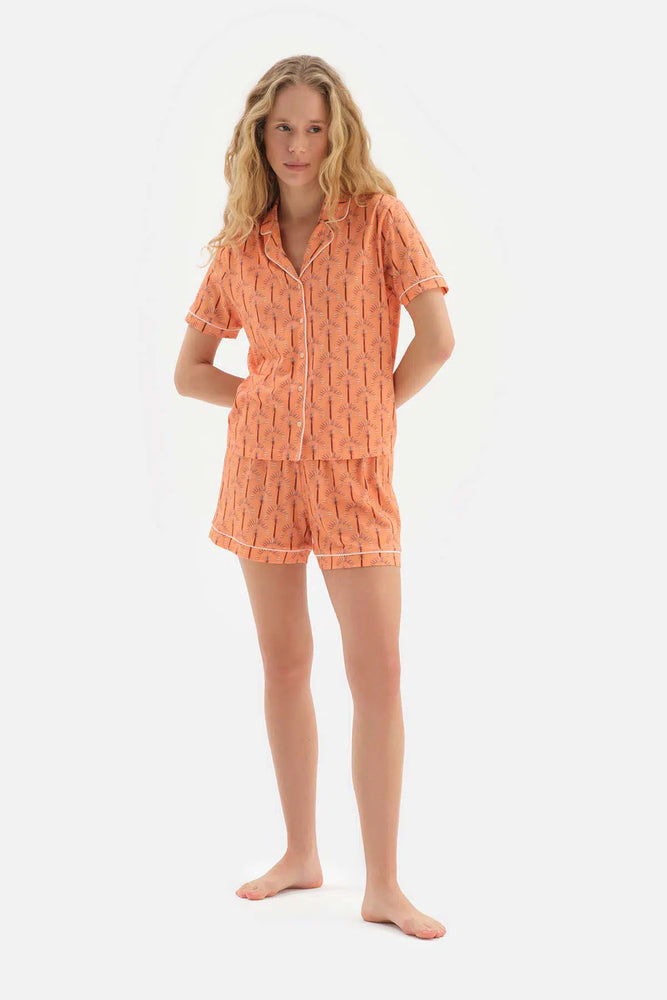 Turuncu Metraj Baskılı Gömlek Yaka Modal Şortlu Pijama Takımı