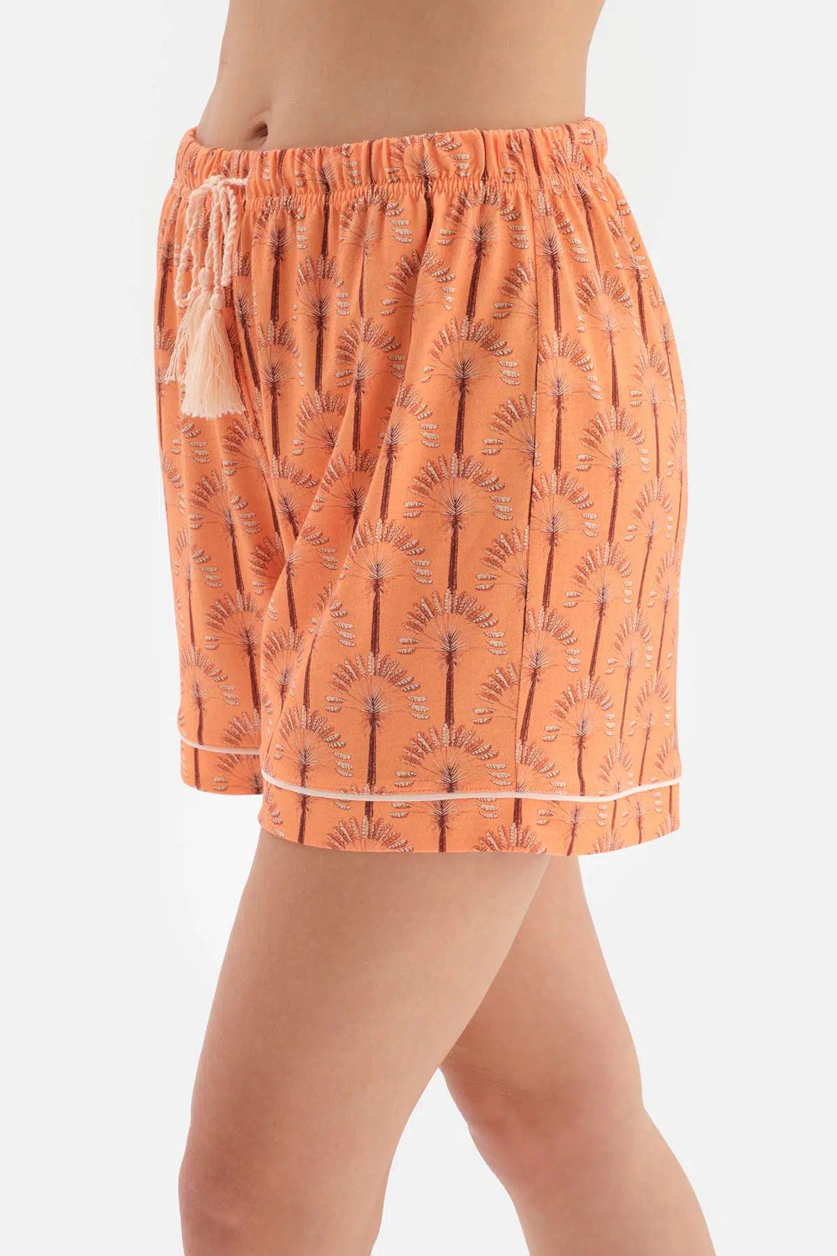 Turuncu Metraj Baskılı Gömlek Yaka Modal Şortlu Pijama Takımı