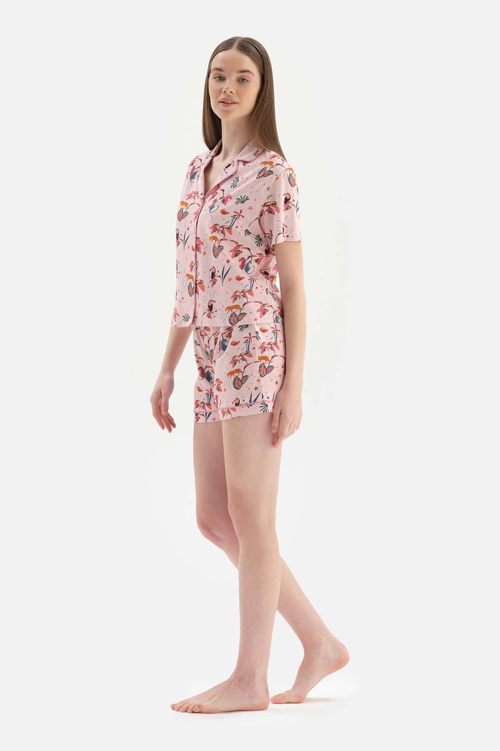 Açık Pembe Gömlek Yaka Şortlu Pijama Takımı
