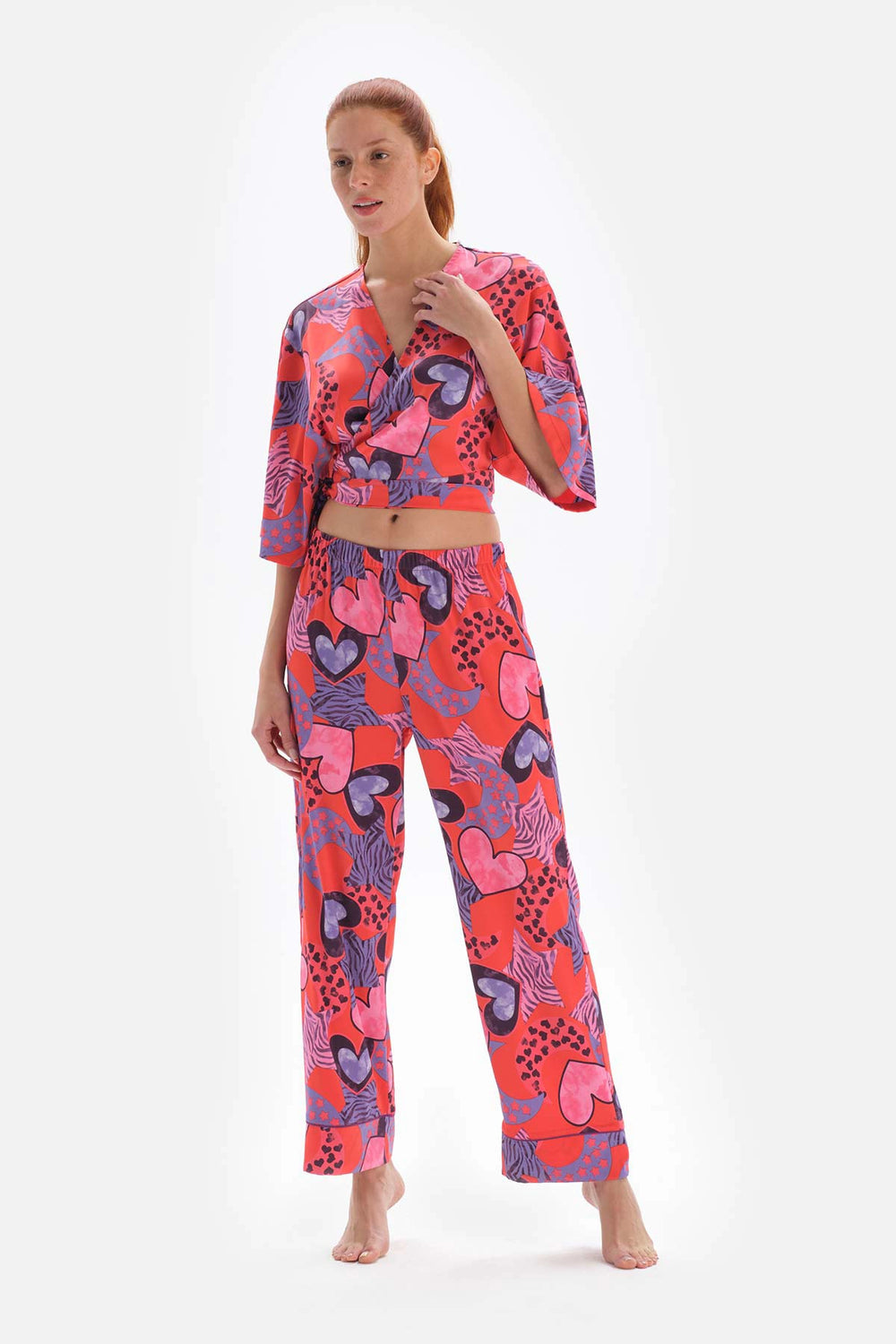 Nar Çiçeği Kruvaze Yaka Bağlamalı Saten Pijama Üstü