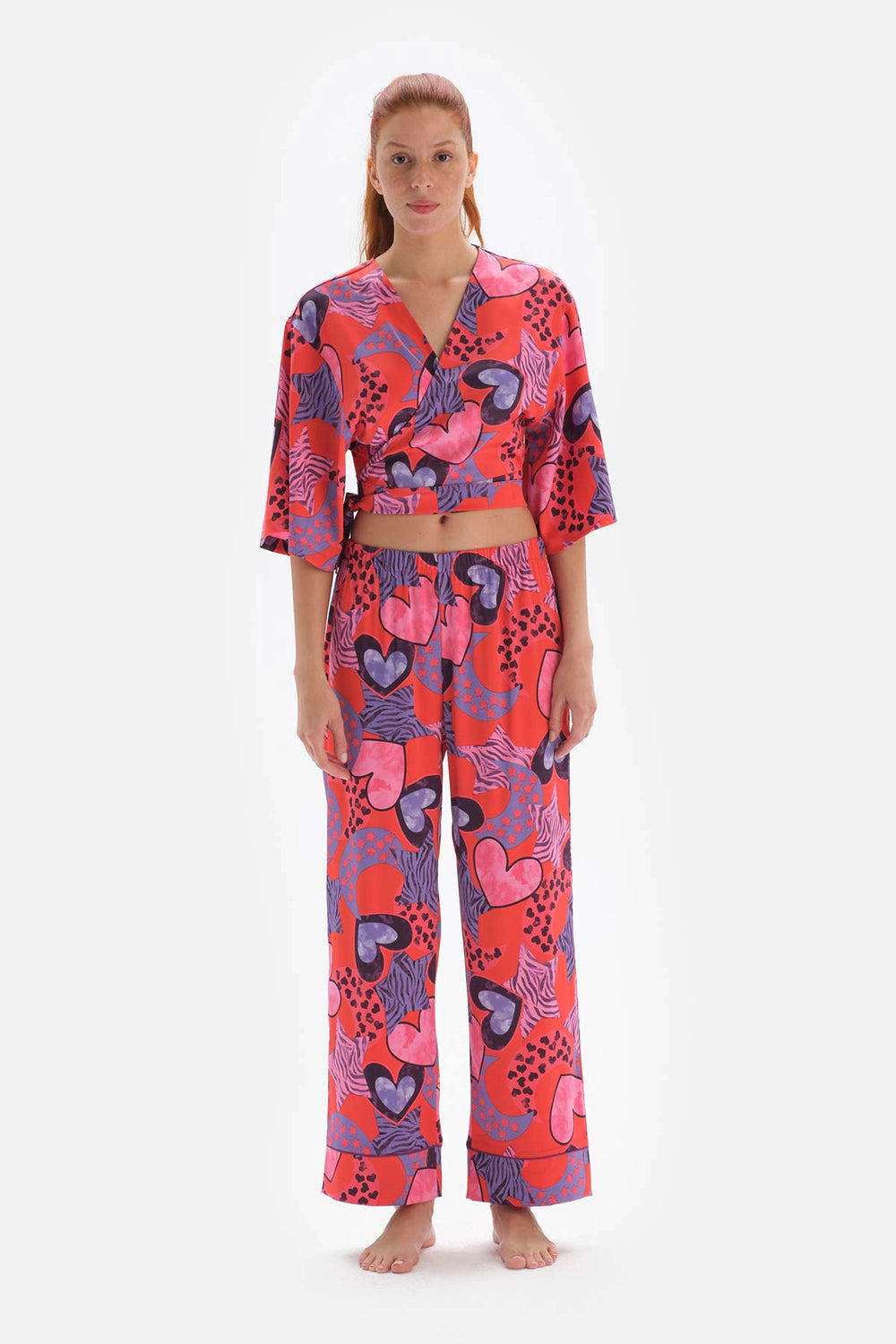 Nar Çiçeği Kruvaze Yaka Bağlamalı Saten Pijama Üstü