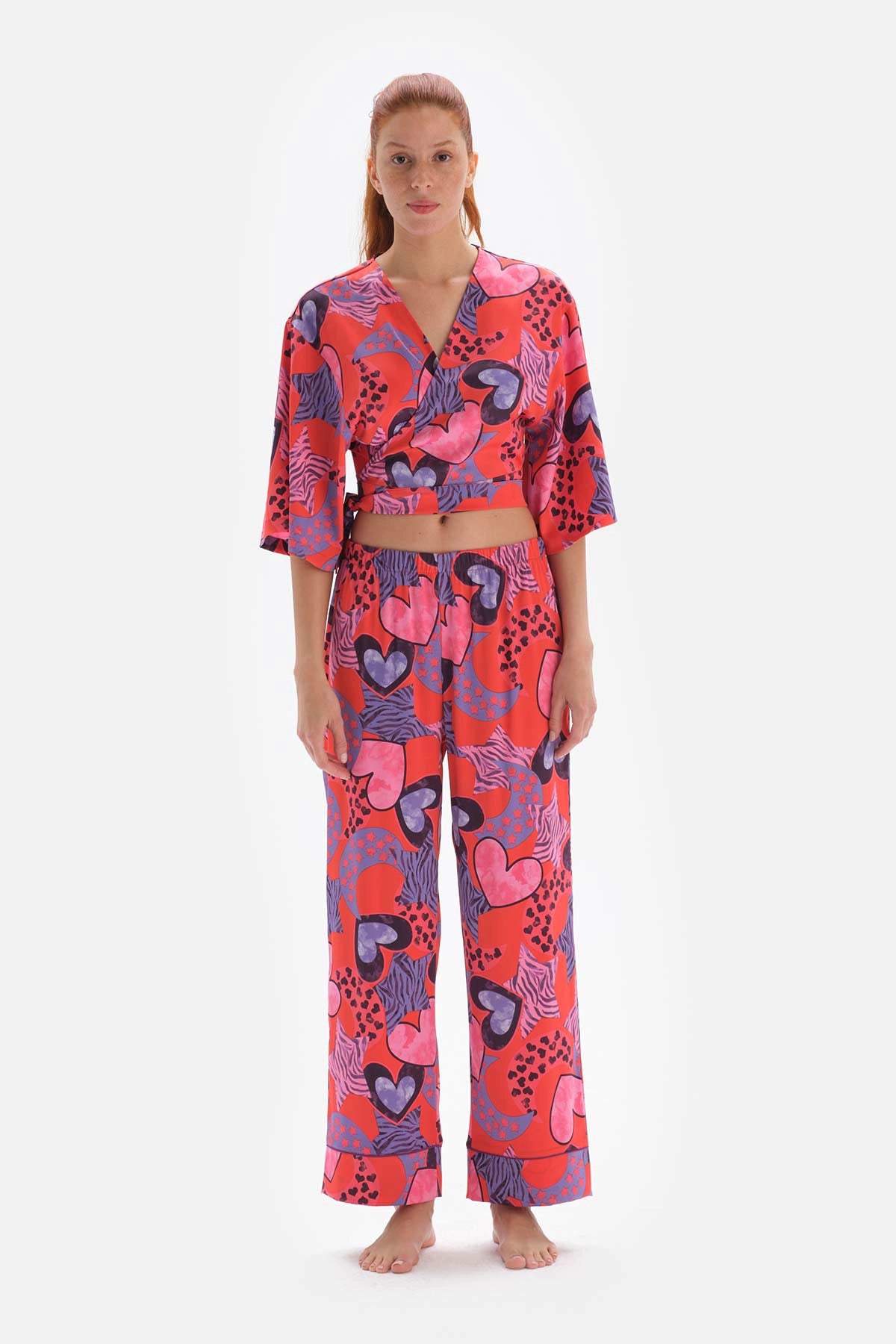 Nar Çiçeği Kruvaze Yaka Bağlamalı Saten Pijama Üstü