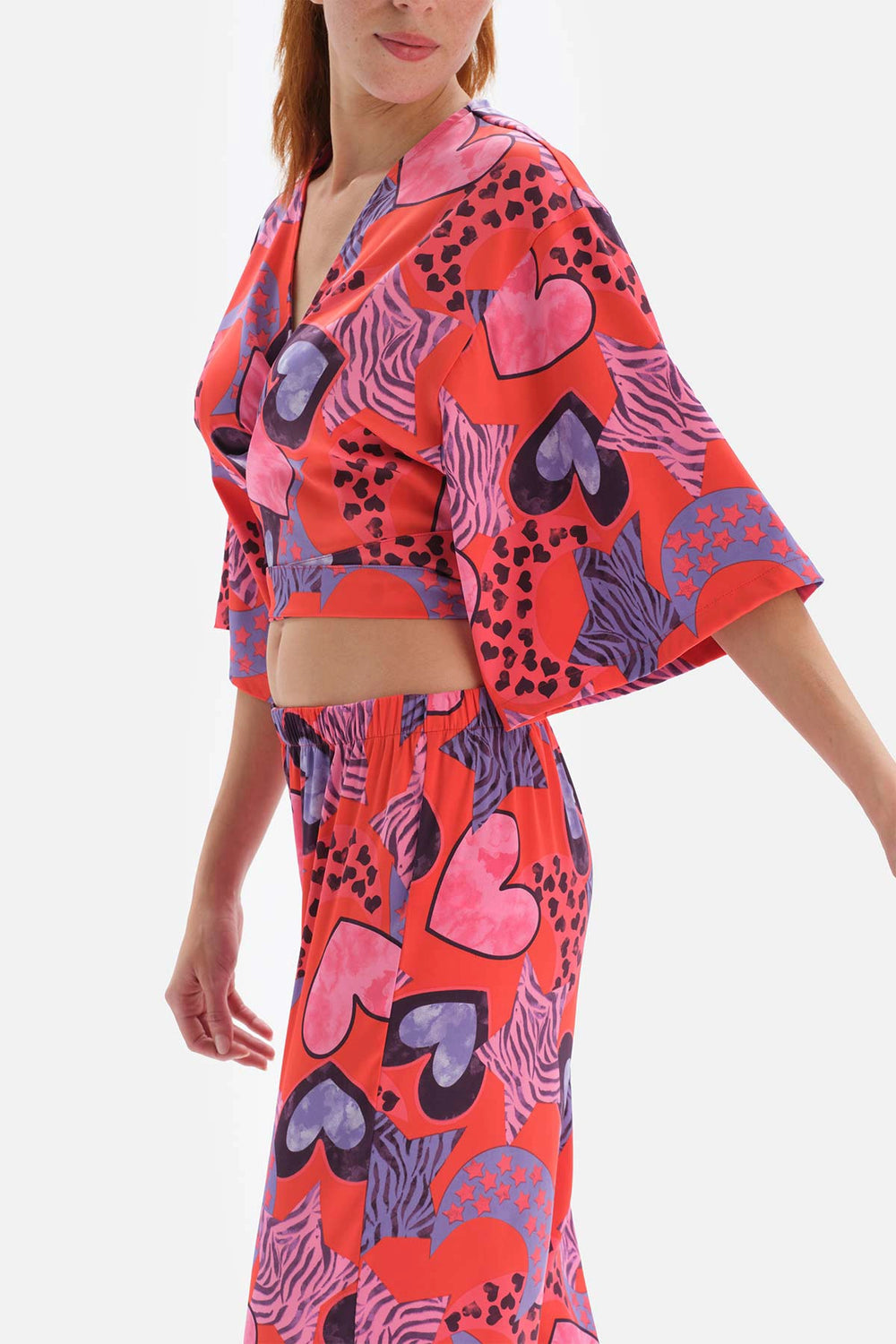 Nar Çiçeği Kruvaze Yaka Bağlamalı Saten Pijama Üstü