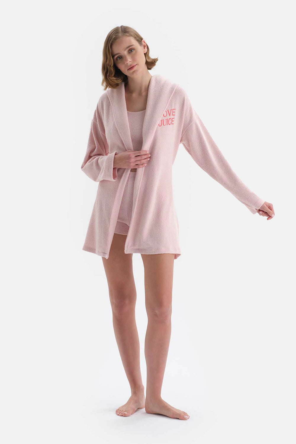 Toz Pembe Toz Kapüşonlu Nakışlı Havlu Sabahlık