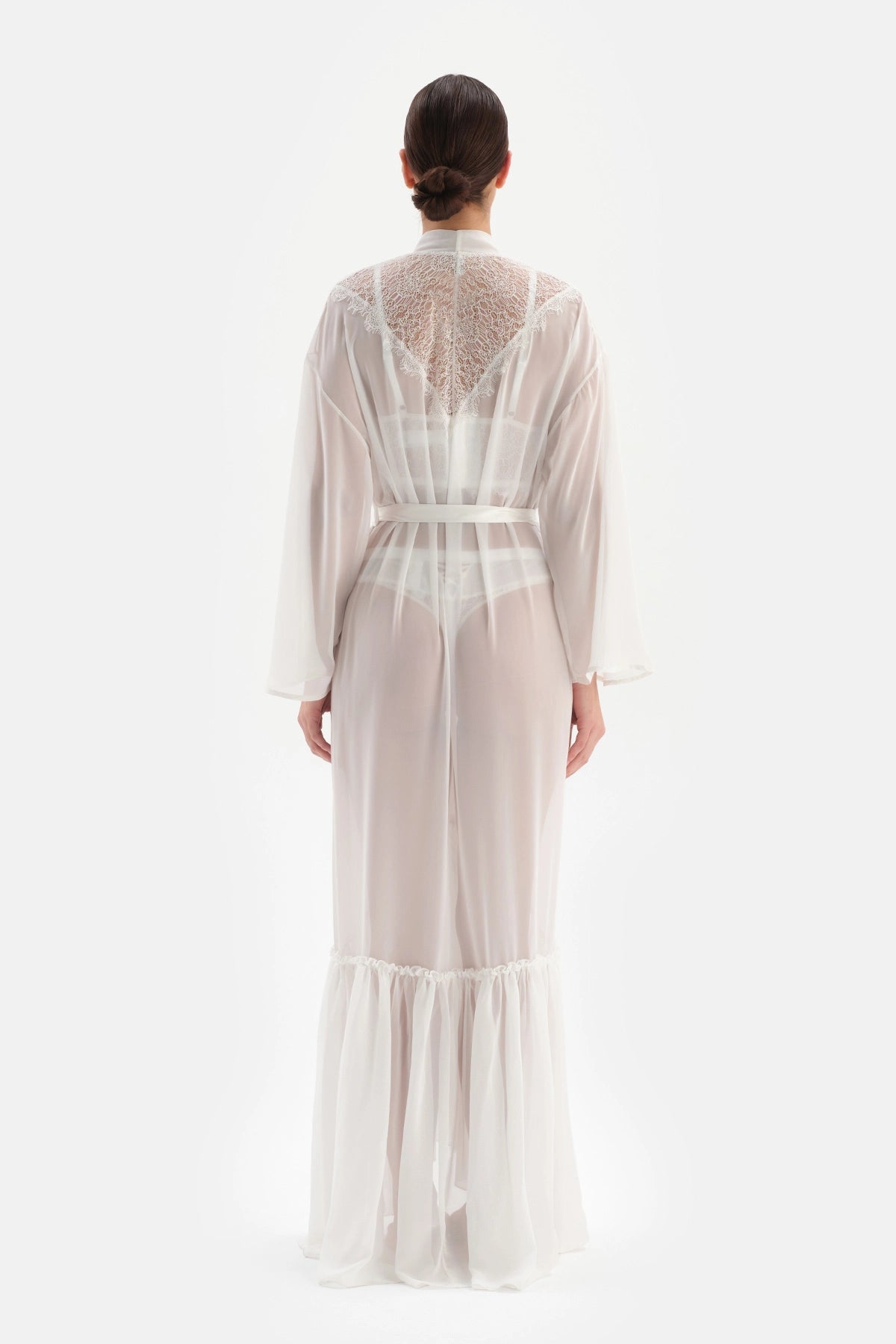 Beyaz Bride Dantel Detaylı Şifon Sabahlık