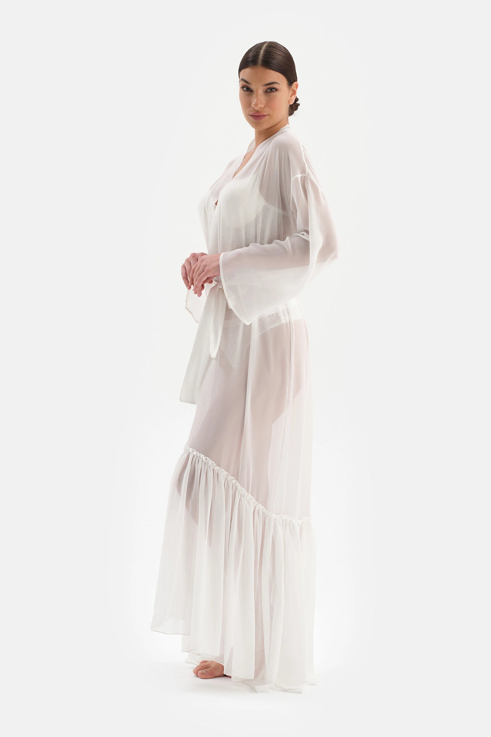 Beyaz Bride Dantel Detaylı Şifon Sabahlık