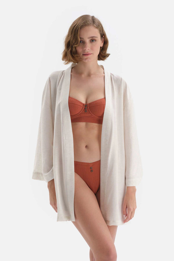 Taş Uzun Kol Sırt Detaylı Viskon-Keten Sabahlık