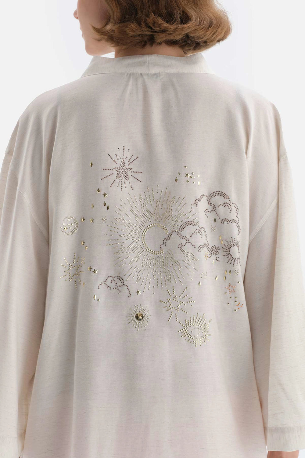 Taş Uzun Kol Sırt Detaylı Viskon-Keten Sabahlık